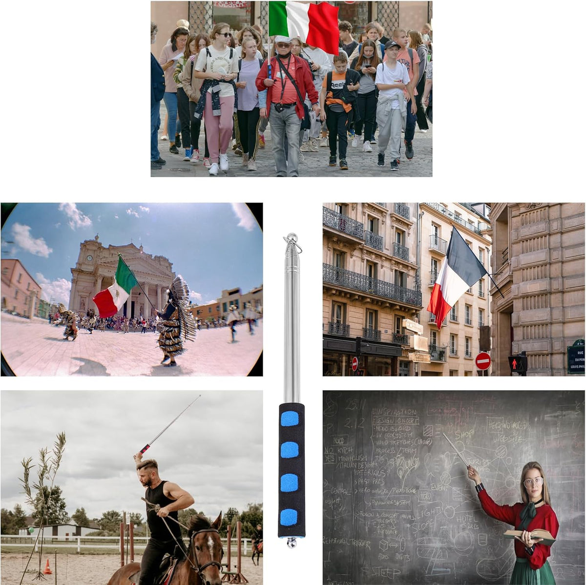 8.2Ft Tour Guide Flag Pole Telescoping Handheld Flagpoles Stainless Steel Extendable Portable Flag Pole with Clips for Tour Guide Teaching Point Horse Training Totem Pole Festival Parade