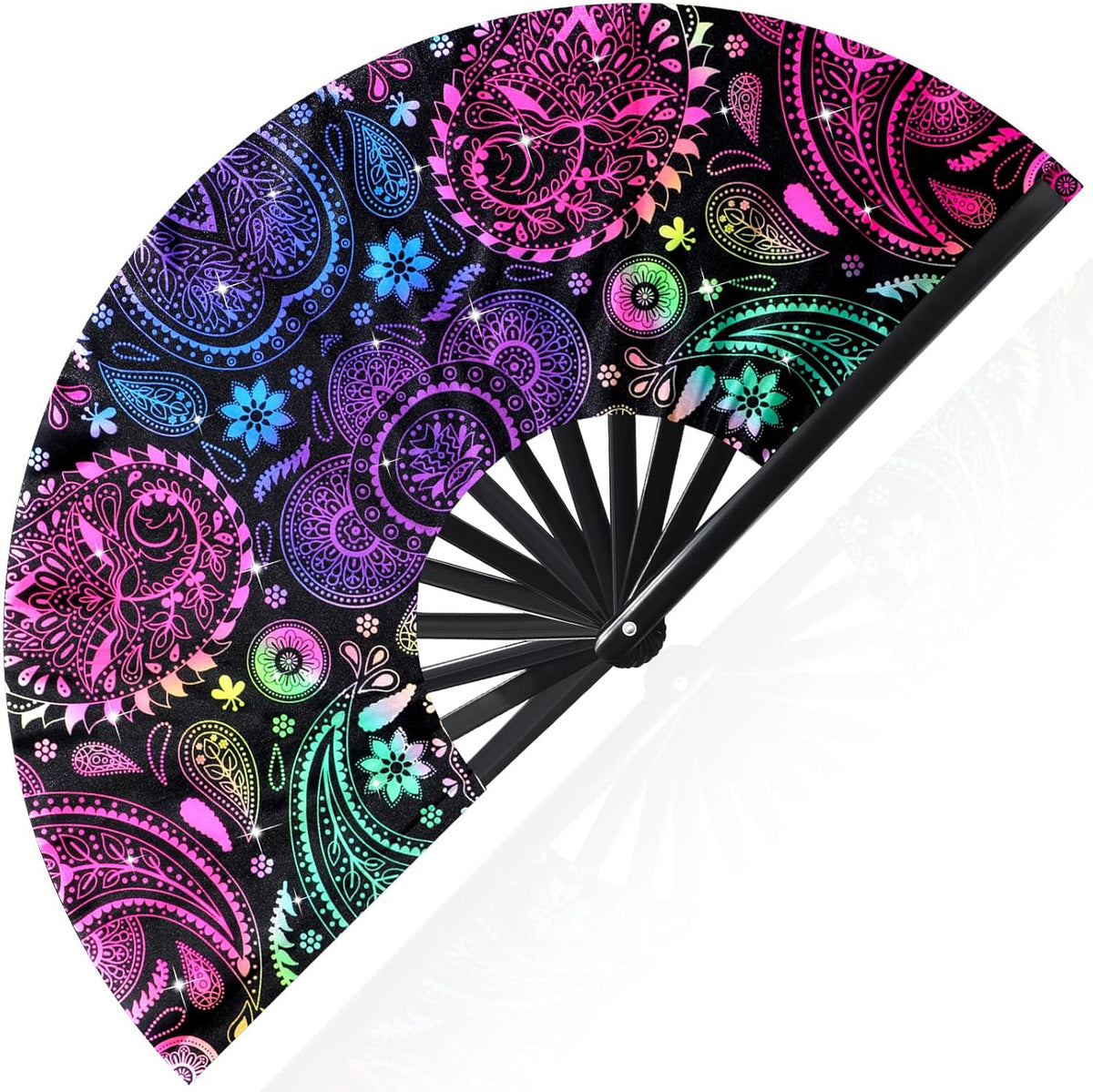 13'' Large Folding Fans for Line Dancing Glitter Large Rave Hand Fan Clack Rave Fan for Women for Edm Music Party Decor(Black,Cool)