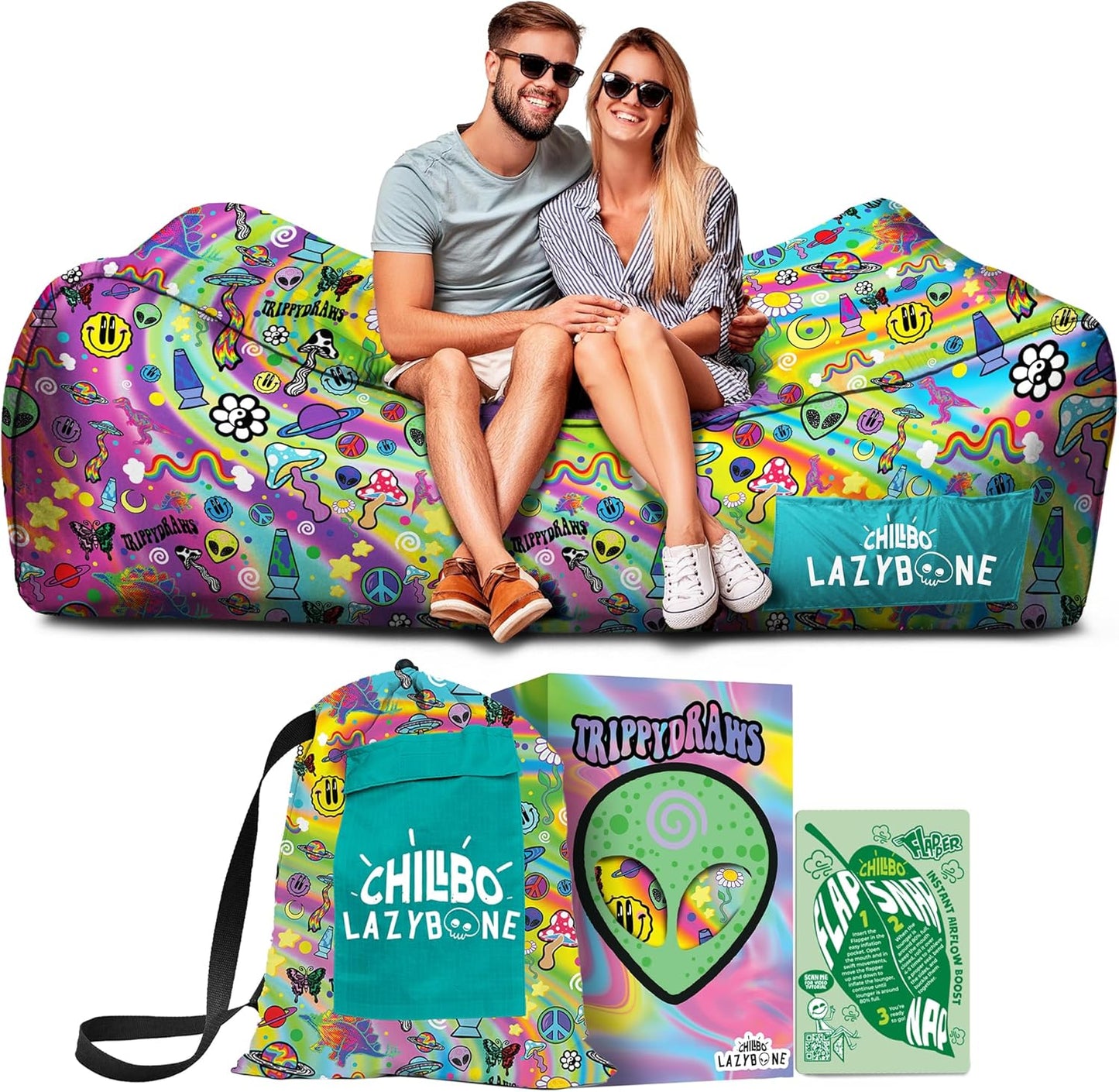 Inflatable Couch – Unique Designs - No-Pump Setup, Ripstop Polyester, Stability Pegs, Fun Prints - Portable Air Inflatable Lounger for Beach, Camping, Festivals, and Tailgating