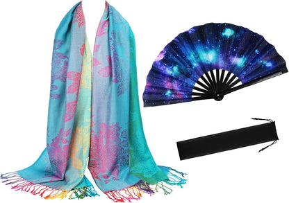 2 Pcs UV Glow Large Rave Hand Fan Jacquard Scarf Shawl Pashmina for Women Party Dance on Festivals