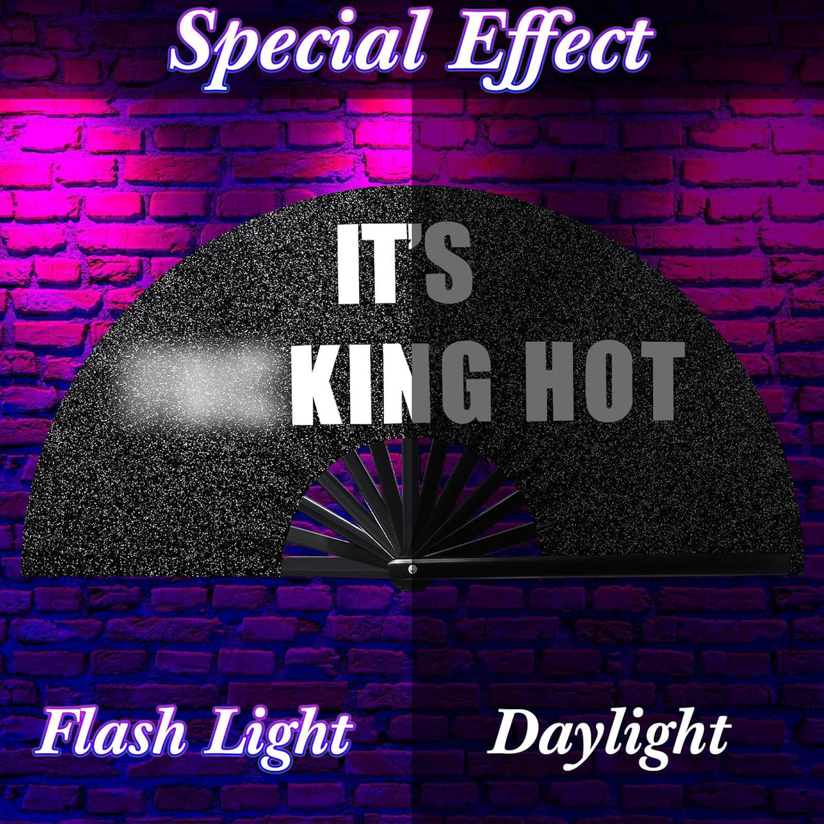 13'' Large Folding Fans for Line Dancing Glitter Large Rave Hand Fan Clack Rave Fan for Women for Edm Music Party Decor(Black,Cool)