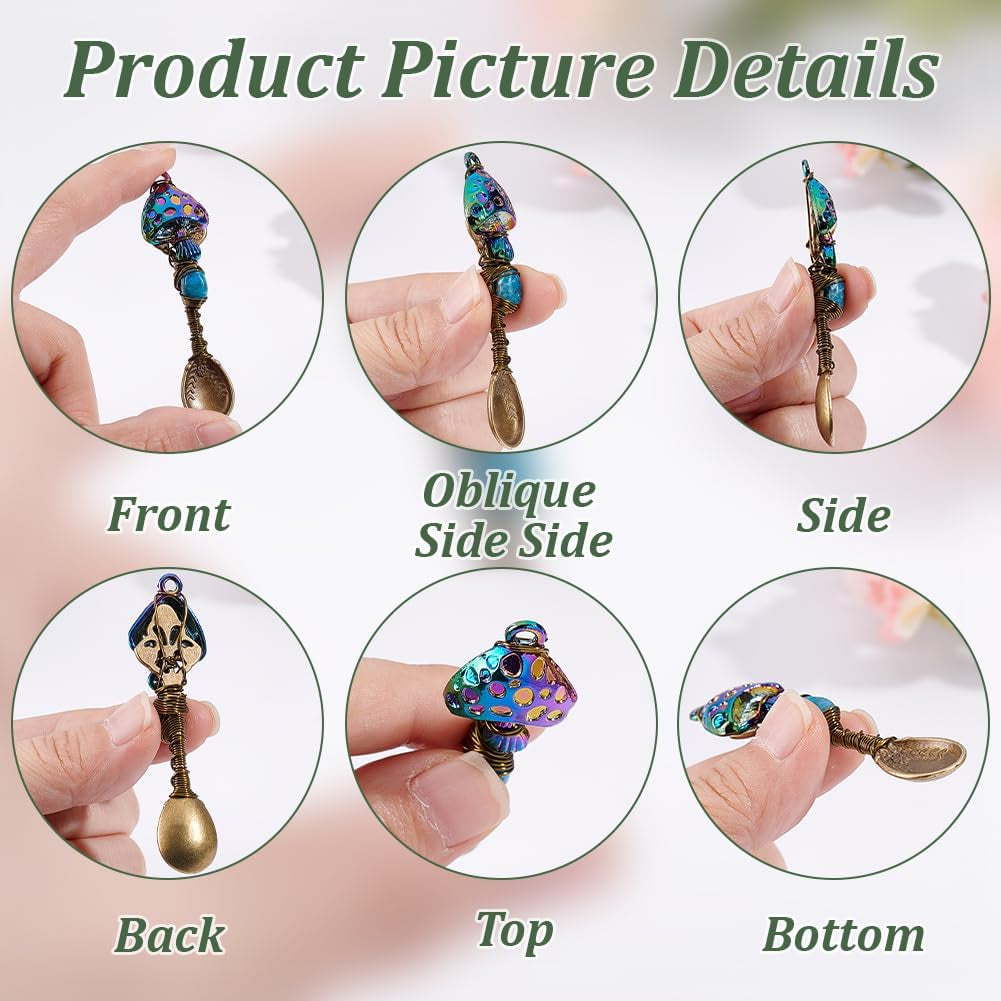 3 Pcs 3 Colors Natural Genstone Pendants, 2.6 Inch Long Mushroom Spoon Alloy Charms Wire Wrapped Necklace Spoons Charms for DIY Craft Jewelry Making Necklace Bracelet Key Chain