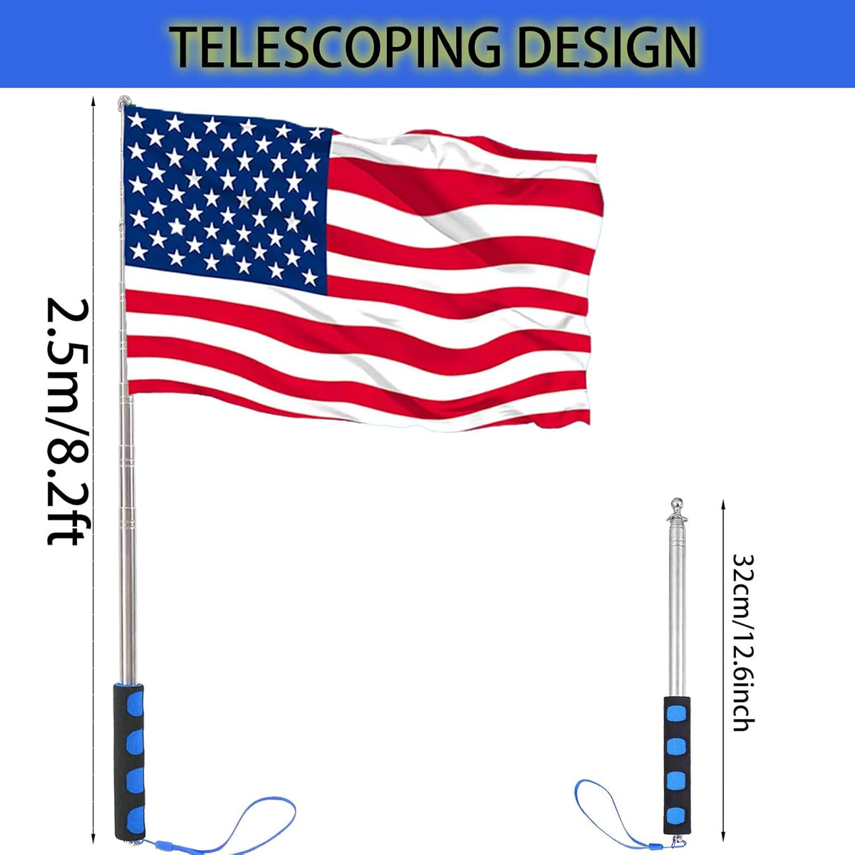 8.2Ft Tour Guide Flag Pole Telescoping Handheld Flagpoles Stainless Steel Extendable Portable Flag Pole with Clips for Tour Guide Teaching Point Horse Training Totem Pole Festival Parade