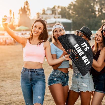 13'' Large Folding Fans for Line Dancing Glitter Large Rave Hand Fan Clack Rave Fan for Women for Edm Music Party Decor(Black,Cool)
