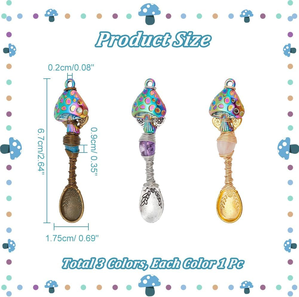3 Pcs 3 Colors Natural Genstone Pendants, 2.6 Inch Long Mushroom Spoon Alloy Charms Wire Wrapped Necklace Spoons Charms for DIY Craft Jewelry Making Necklace Bracelet Key Chain