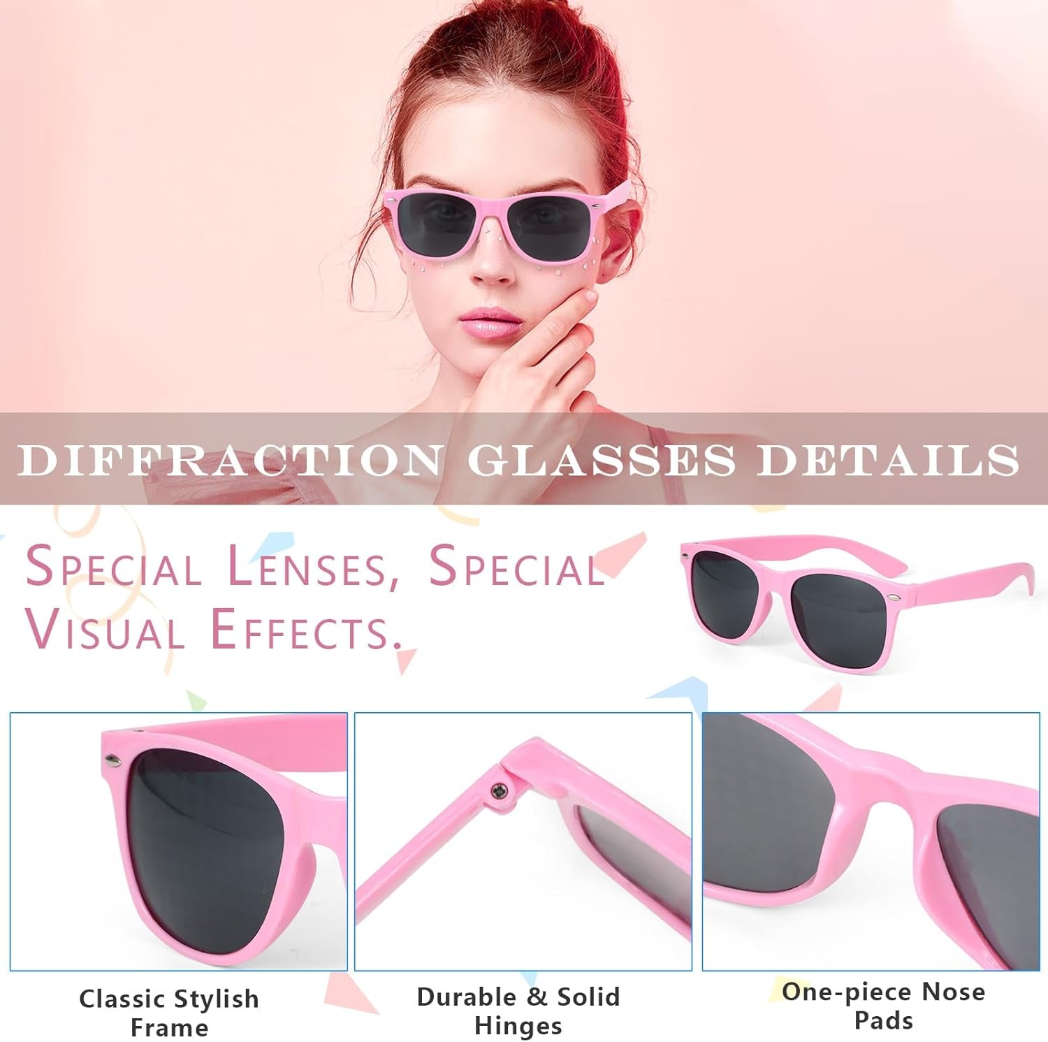 3PCS Diffraction Glasses, 3D Prism Rainbow Heart Star Effect Light Refraction Rave Glasses for Bar Concert EDM Party