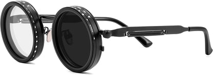 Adjustable Tint Sunglasses Polarized Men, 1-9 Gear Manual Dimming, Steampunk round Metal Frame UV400 ND Filter B1400
