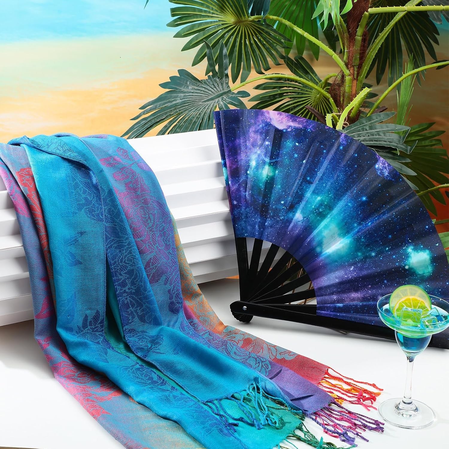 2 Pcs UV Glow Large Rave Hand Fan Jacquard Scarf Shawl Pashmina for Women Party Dance on Festivals