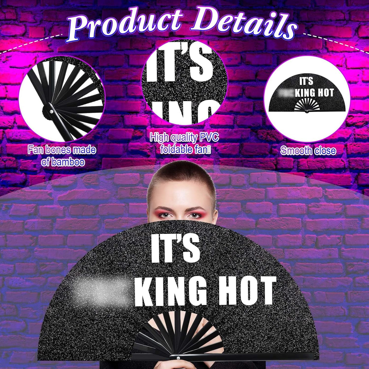 13'' Large Folding Fans for Line Dancing Glitter Large Rave Hand Fan Clack Rave Fan for Women for Edm Music Party Decor(Black,Cool)