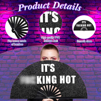 13'' Large Folding Fans for Line Dancing Glitter Large Rave Hand Fan Clack Rave Fan for Women for Edm Music Party Decor(Black,Cool)