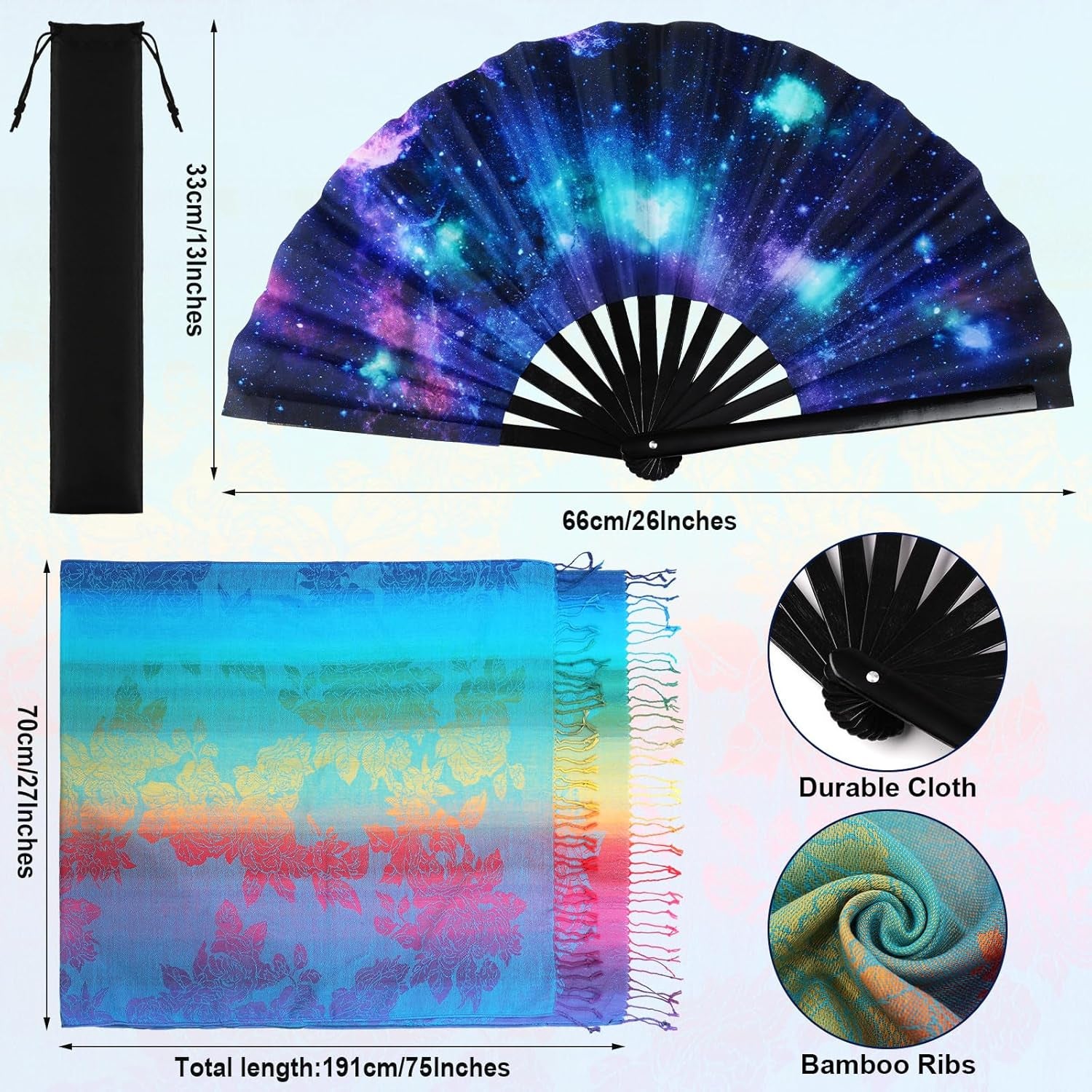 2 Pcs UV Glow Large Rave Hand Fan Jacquard Scarf Shawl Pashmina for Women Party Dance on Festivals