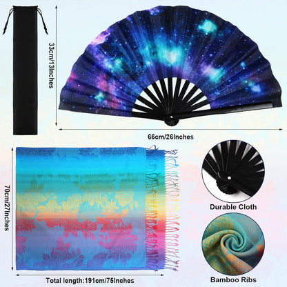 2 Pcs UV Glow Large Rave Hand Fan Jacquard Scarf Shawl Pashmina for Women Party Dance on Festivals