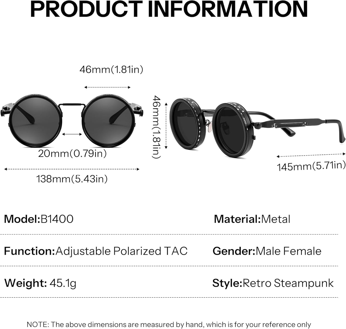 Adjustable Tint Sunglasses Polarized Men, 1-9 Gear Manual Dimming, Steampunk round Metal Frame UV400 ND Filter B1400
