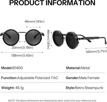 Adjustable Tint Sunglasses Polarized Men, 1-9 Gear Manual Dimming, Steampunk round Metal Frame UV400 ND Filter B1400