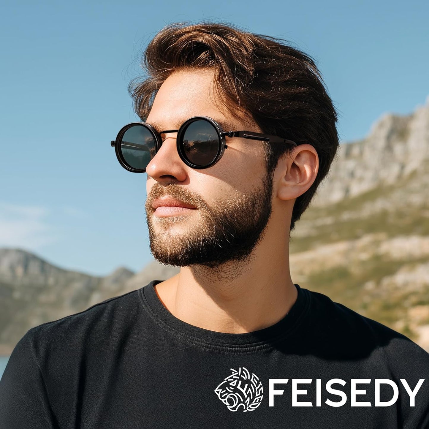 Adjustable Tint Sunglasses Polarized Men, 1-9 Gear Manual Dimming, Steampunk round Metal Frame UV400 ND Filter B1400