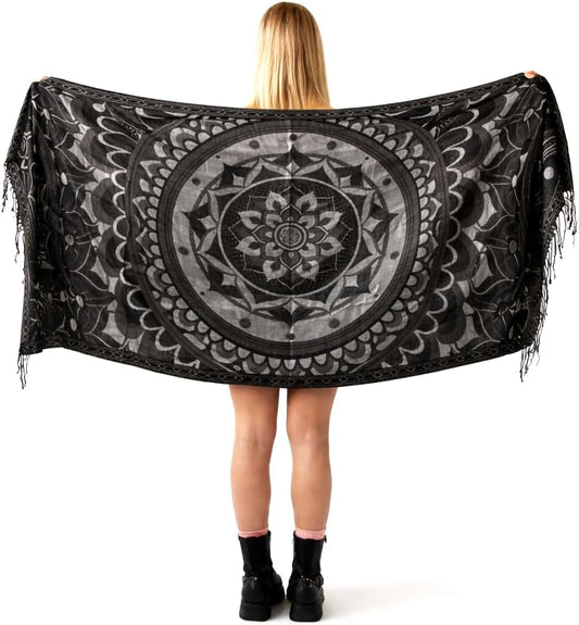 Labyrinth Flower Pashmina Shawl, W/Fringes Womens Scarf, Versatile Wrap for Festivals, Raves, Blankets