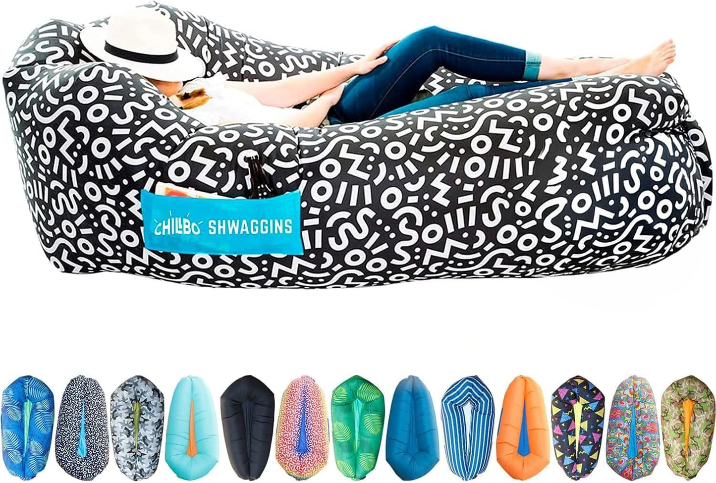 Inflatable Couch – Unique Designs - No-Pump Setup, Ripstop Polyester, Stability Pegs, Fun Prints - Portable Air Inflatable Lounger for Beach, Camping, Festivals, and Tailgating