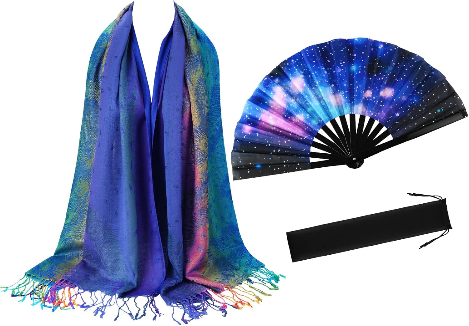2 Pcs UV Glow Large Rave Hand Fan Jacquard Scarf Shawl Pashmina for Women Party Dance on Festivals
