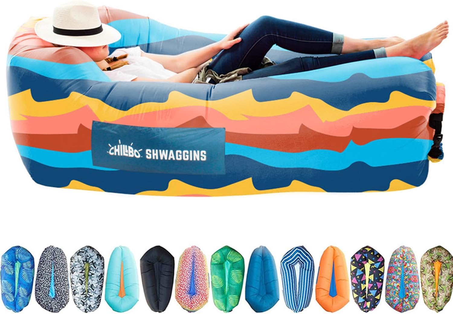 Inflatable Couch – Unique Designs - No-Pump Setup, Ripstop Polyester, Stability Pegs, Fun Prints - Portable Air Inflatable Lounger for Beach, Camping, Festivals, and Tailgating