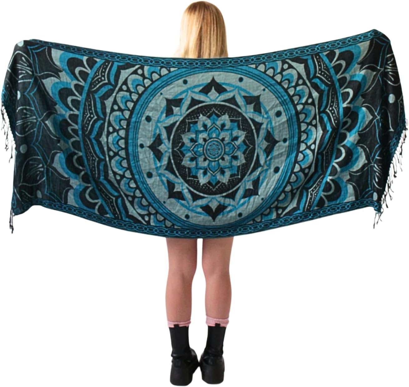 Labyrinth Flower Pashmina Shawl, W/Fringes Womens Scarf, Versatile Wrap for Festivals, Raves, Blankets