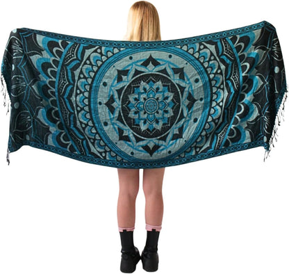 Labyrinth Flower Pashmina Shawl, W/Fringes Womens Scarf, Versatile Wrap for Festivals, Raves, Blankets