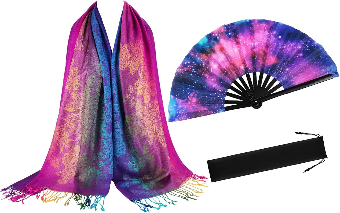 2 Pcs UV Glow Large Rave Hand Fan Jacquard Scarf Shawl Pashmina for Women Party Dance on Festivals