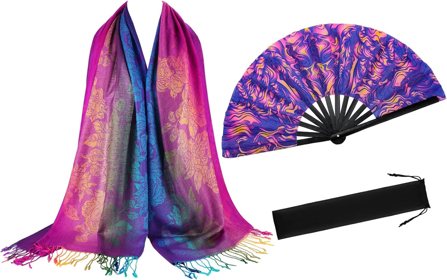 2 Pcs UV Glow Large Rave Hand Fan Jacquard Scarf Shawl Pashmina for Women Party Dance on Festivals