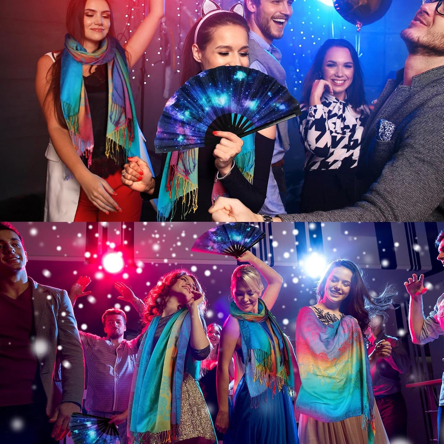 2 Pcs UV Glow Large Rave Hand Fan Jacquard Scarf Shawl Pashmina for Women Party Dance on Festivals