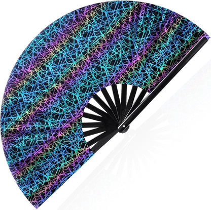 13'' Large Folding Fans for Line Dancing Glitter Large Rave Hand Fan Clack Rave Fan for Women for Edm Music Party Decor(Black,Cool)