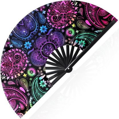 13'' Large Folding Fans for Line Dancing Glitter Large Rave Hand Fan Clack Rave Fan for Women for Edm Music Party Decor(Black,Cool)