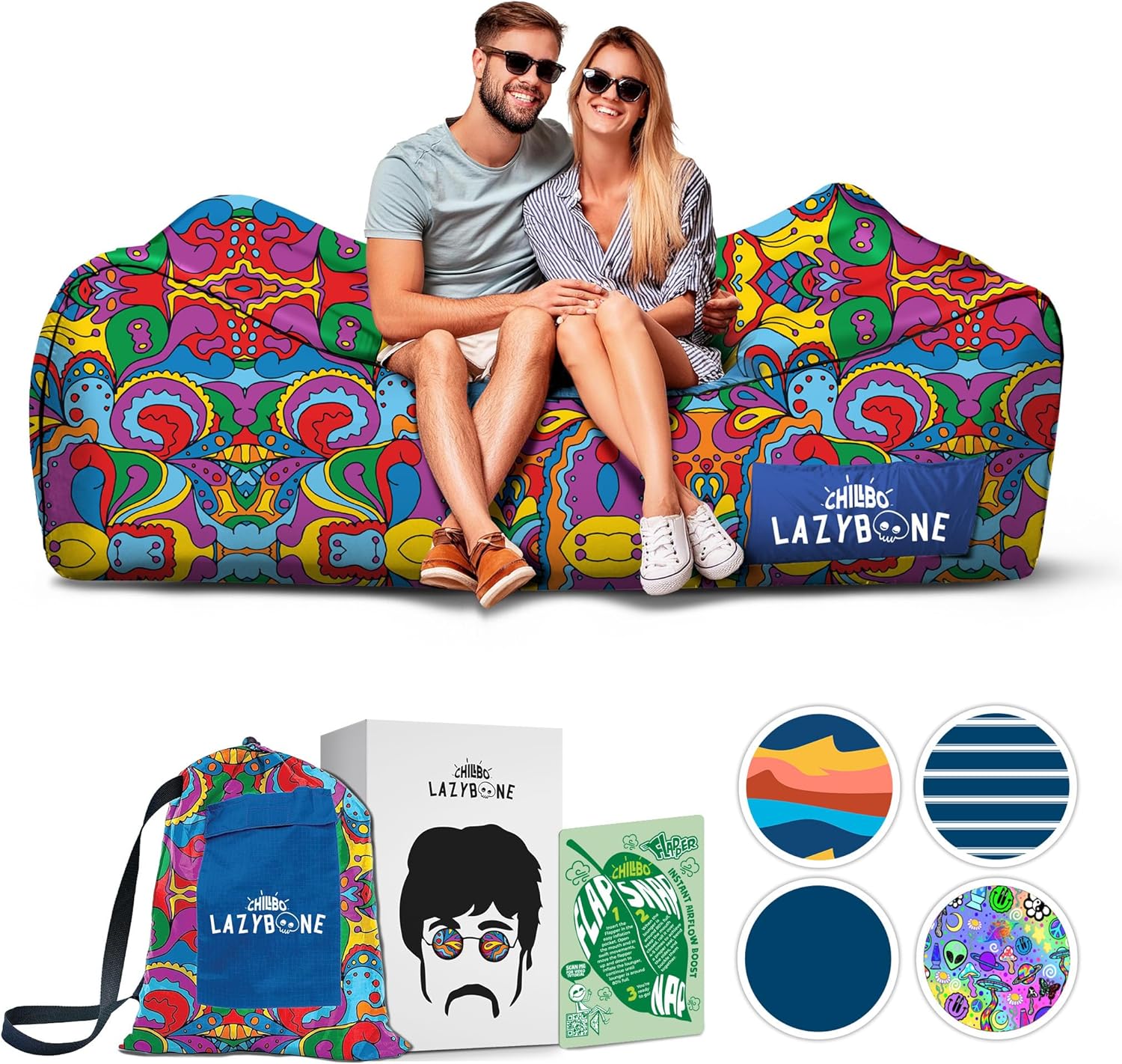Inflatable Couch – Unique Designs - No-Pump Setup, Ripstop Polyester, Stability Pegs, Fun Prints - Portable Air Inflatable Lounger for Beach, Camping, Festivals, and Tailgating