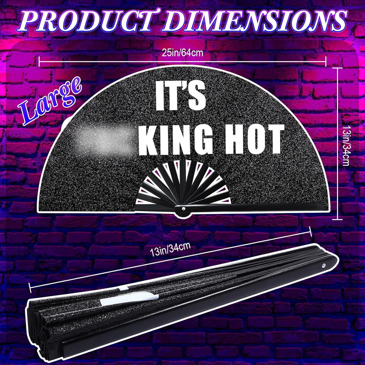13'' Large Folding Fans for Line Dancing Glitter Large Rave Hand Fan Clack Rave Fan for Women for Edm Music Party Decor(Black,Cool)