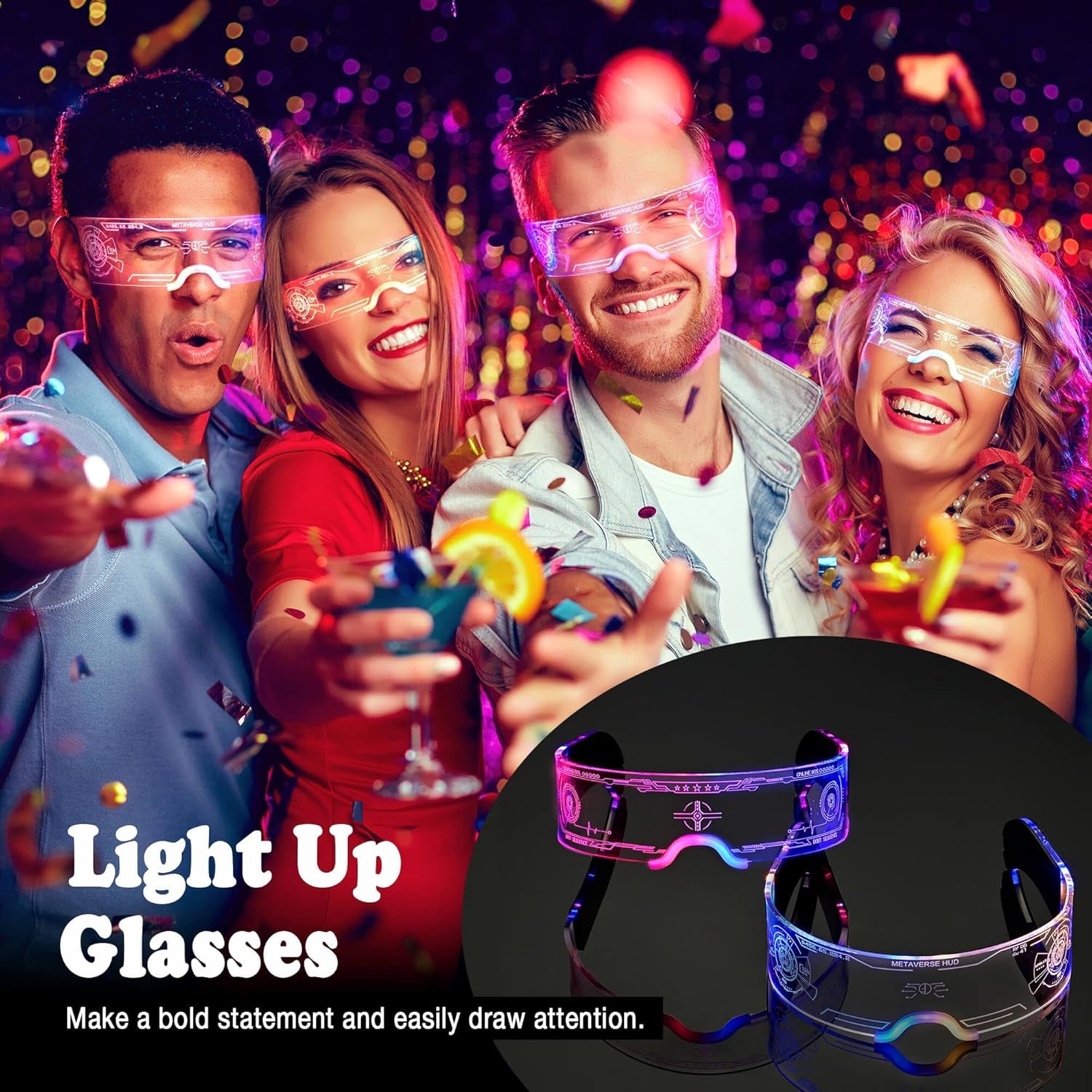 2 Pack Light up Glasses for Party LED Glass for Adults Kids Futuristic Sunglasses 7 Color Neon Glasses Glowing in Dark Accessories,Gifts(Elegant Style)