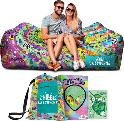 Inflatable Couch – Unique Designs - No-Pump Setup, Ripstop Polyester, Stability Pegs, Fun Prints - Portable Air Inflatable Lounger for Beach, Camping, Festivals, and Tailgating