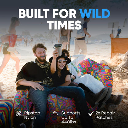 Inflatable Couch – Unique Designs - No-Pump Setup, Ripstop Polyester, Stability Pegs, Fun Prints - Portable Air Inflatable Lounger for Beach, Camping, Festivals, and Tailgating
