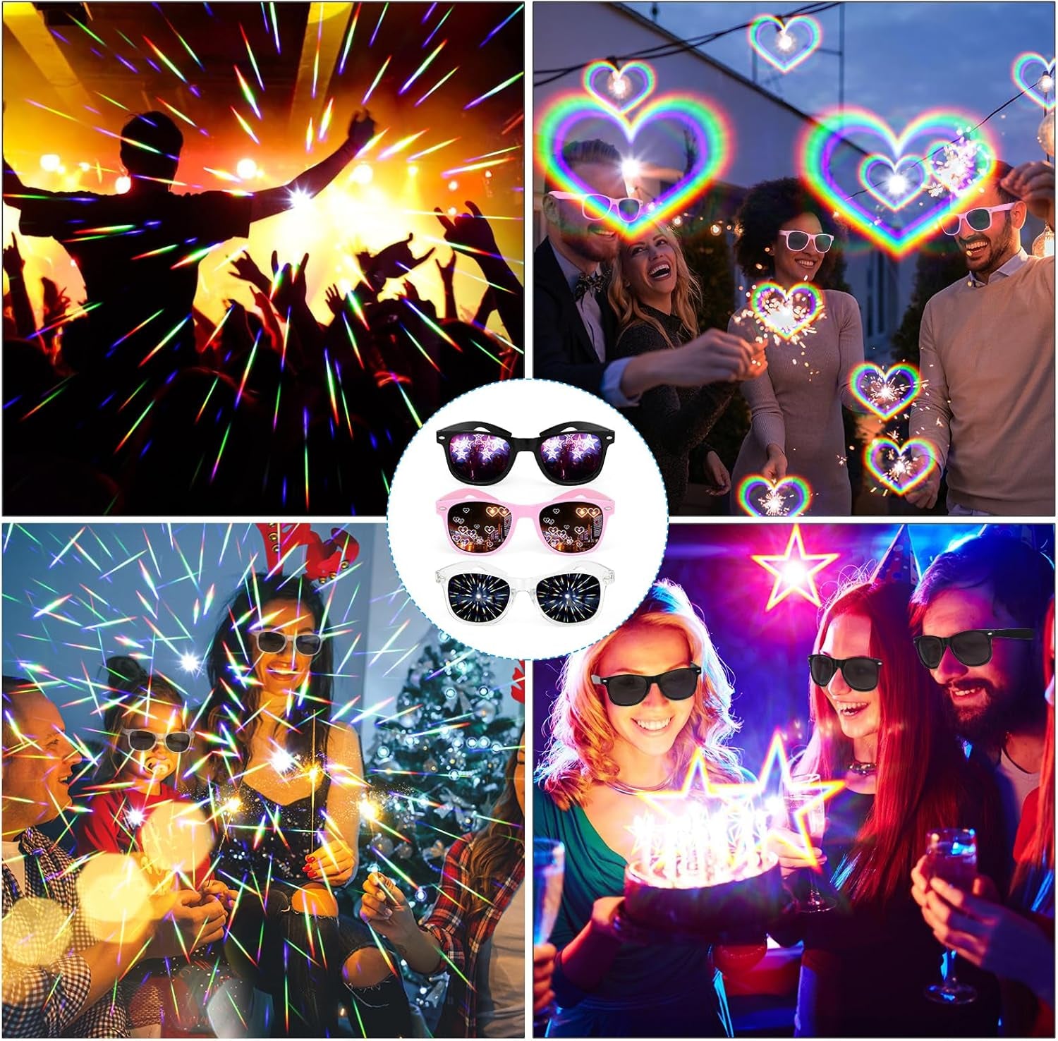 3PCS Diffraction Glasses, 3D Prism Rainbow Heart Star Effect Light Refraction Rave Glasses for Bar Concert EDM Party
