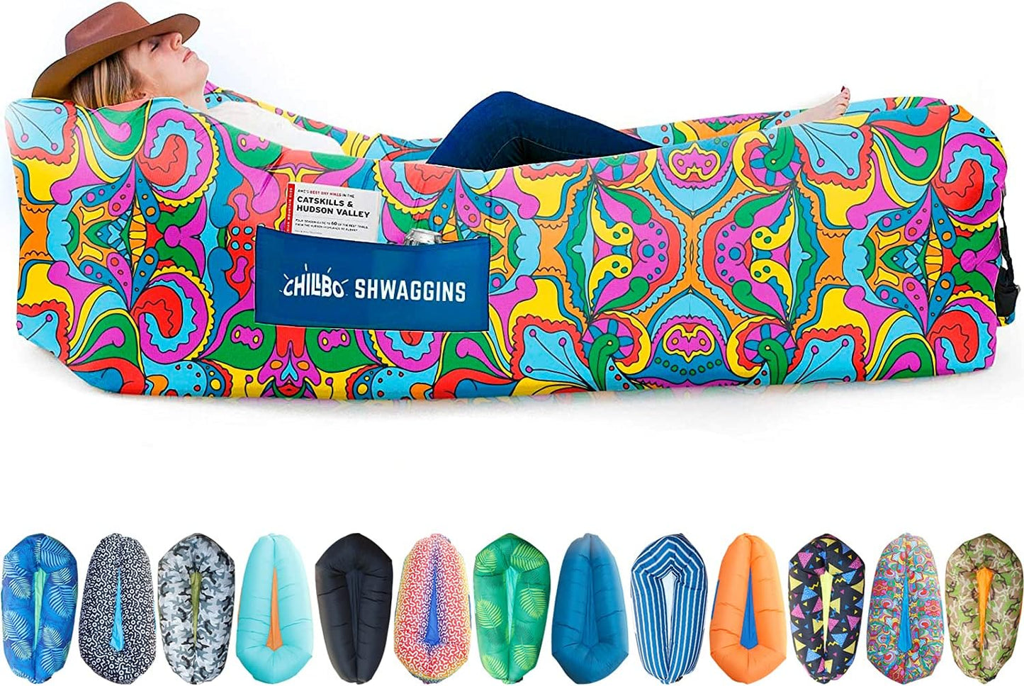 Inflatable Couch – Unique Designs - No-Pump Setup, Ripstop Polyester, Stability Pegs, Fun Prints - Portable Air Inflatable Lounger for Beach, Camping, Festivals, and Tailgating