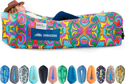 Inflatable Couch – Unique Designs - No-Pump Setup, Ripstop Polyester, Stability Pegs, Fun Prints - Portable Air Inflatable Lounger for Beach, Camping, Festivals, and Tailgating