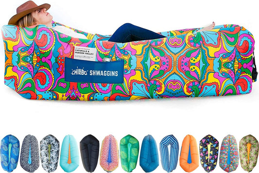 Inflatable Couch – Unique Designs - No-Pump Setup, Ripstop Polyester, Stability Pegs, Fun Prints - Portable Air Inflatable Lounger for Beach, Camping, Festivals, and Tailgating