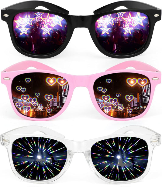 3PCS Diffraction Glasses, 3D Prism Rainbow Heart Star Effect Light Refraction Rave Glasses for Bar Concert EDM Party