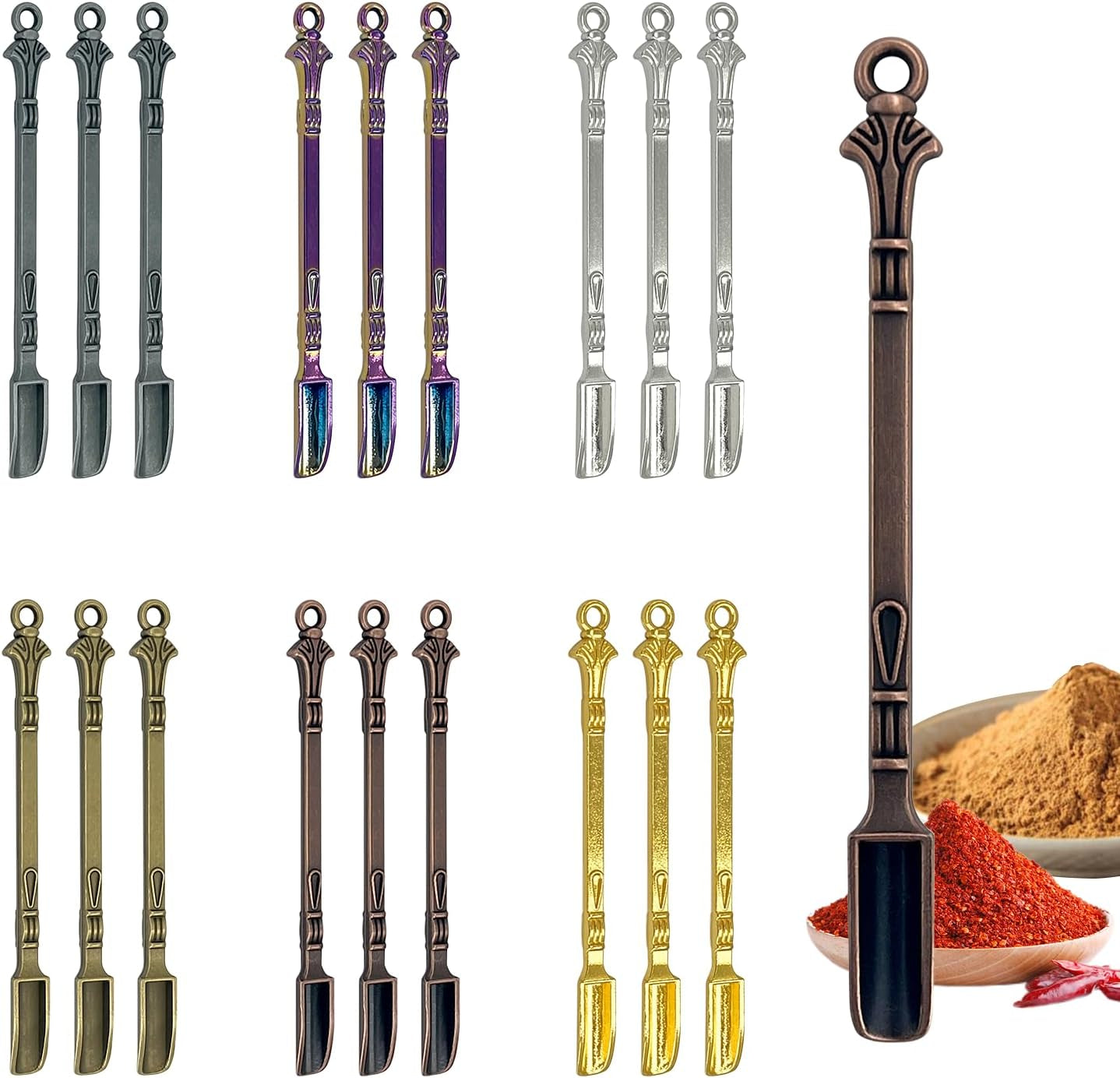 18-Pack Mini Spoons, 3-Inch Metal Tiny Shovels, Small Medicine Spoons for Home Kitchen Spices, Necklace Charms Pendants DIY Craft Making (6 Colors)