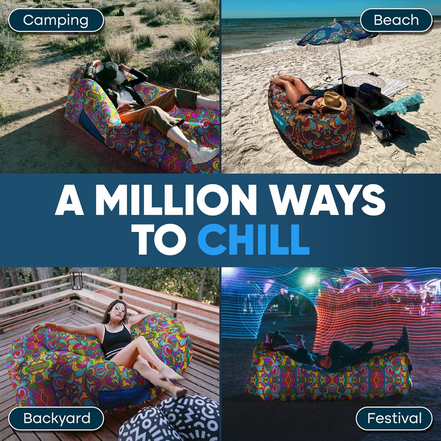 Inflatable Couch – Unique Designs - No-Pump Setup, Ripstop Polyester, Stability Pegs, Fun Prints - Portable Air Inflatable Lounger for Beach, Camping, Festivals, and Tailgating