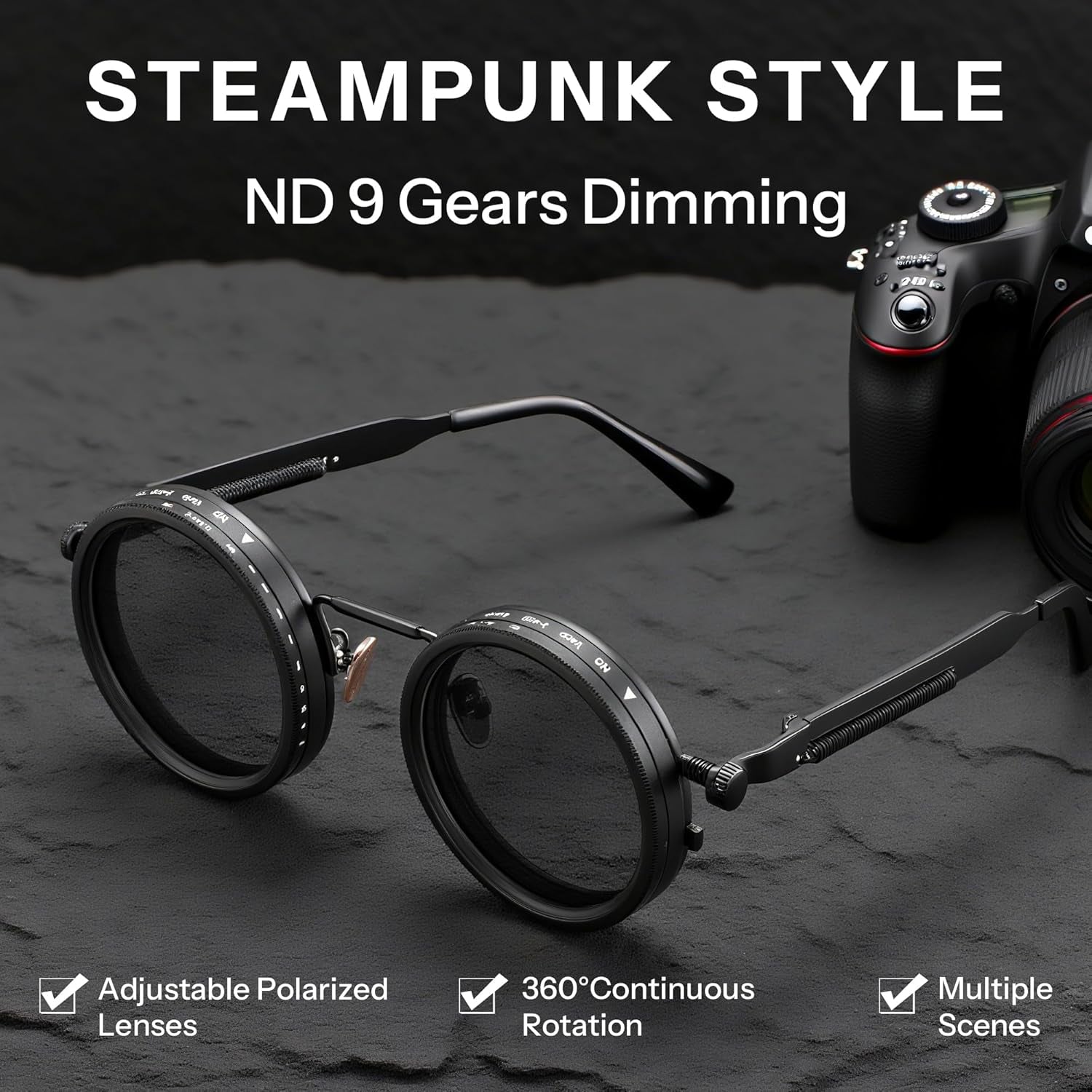 Adjustable Tint Sunglasses Polarized Men, 1-9 Gear Manual Dimming, Steampunk round Metal Frame UV400 ND Filter B1400