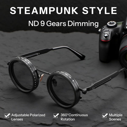 Adjustable Tint Sunglasses Polarized Men, 1-9 Gear Manual Dimming, Steampunk round Metal Frame UV400 ND Filter B1400
