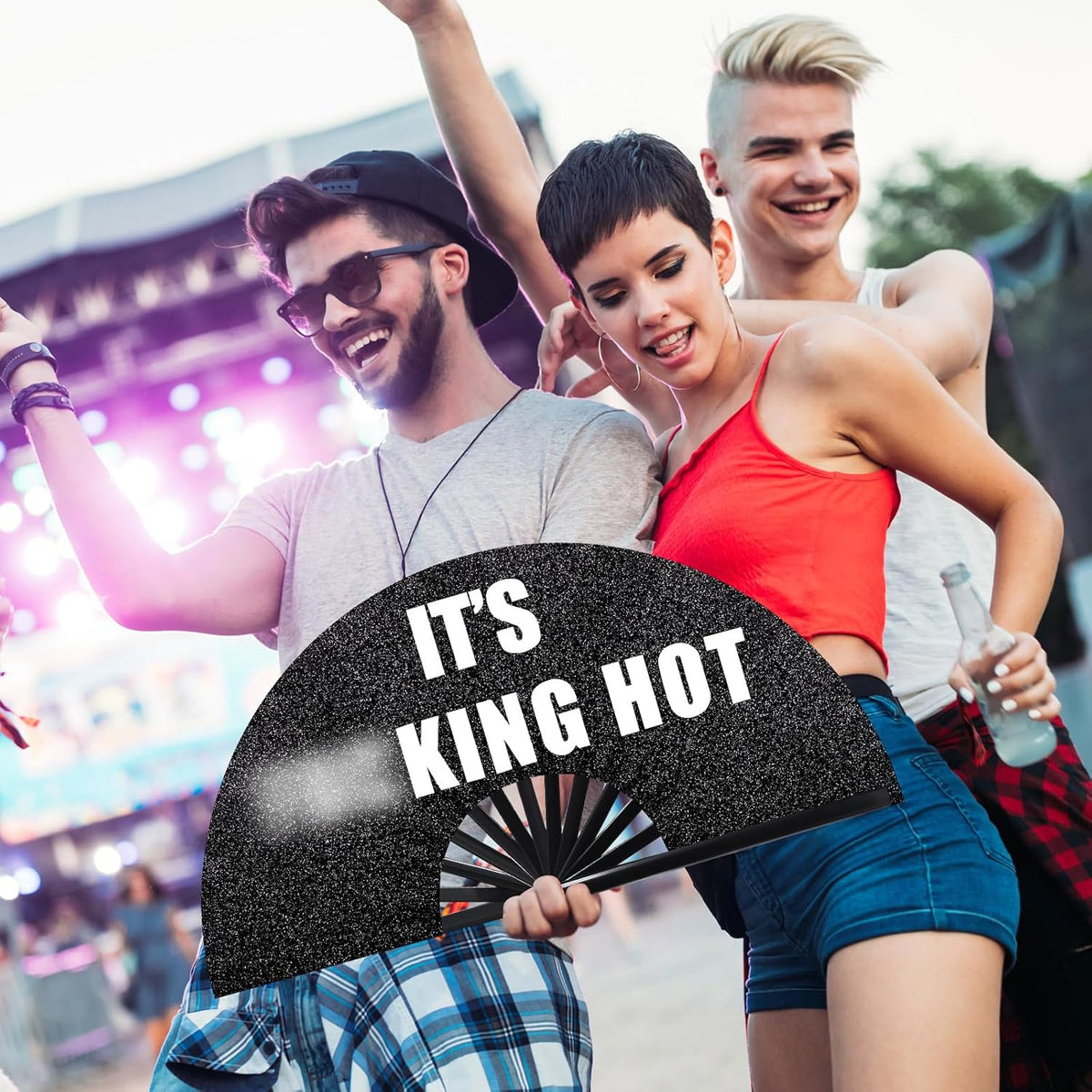 13'' Large Folding Fans for Line Dancing Glitter Large Rave Hand Fan Clack Rave Fan for Women for Edm Music Party Decor(Black,Cool)