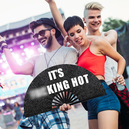 13'' Large Folding Fans for Line Dancing Glitter Large Rave Hand Fan Clack Rave Fan for Women for Edm Music Party Decor(Black,Cool)
