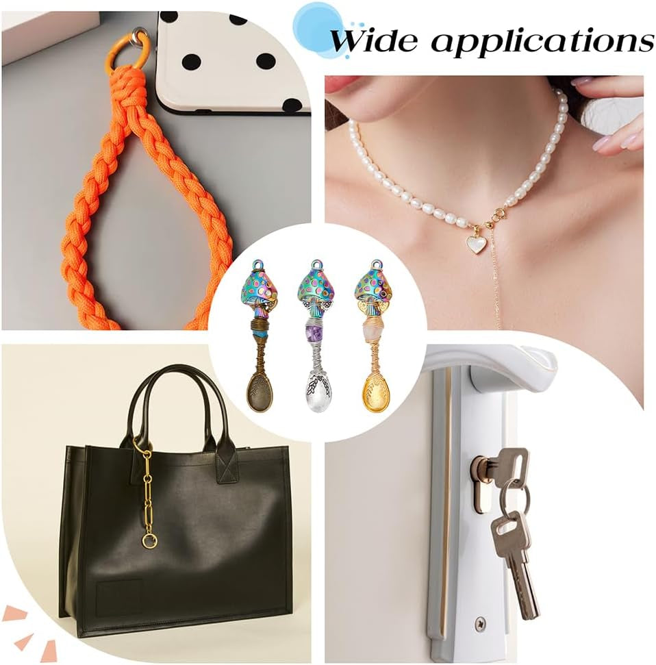 3 Pcs 3 Colors Natural Genstone Pendants, 2.6 Inch Long Mushroom Spoon Alloy Charms Wire Wrapped Necklace Spoons Charms for DIY Craft Jewelry Making Necklace Bracelet Key Chain