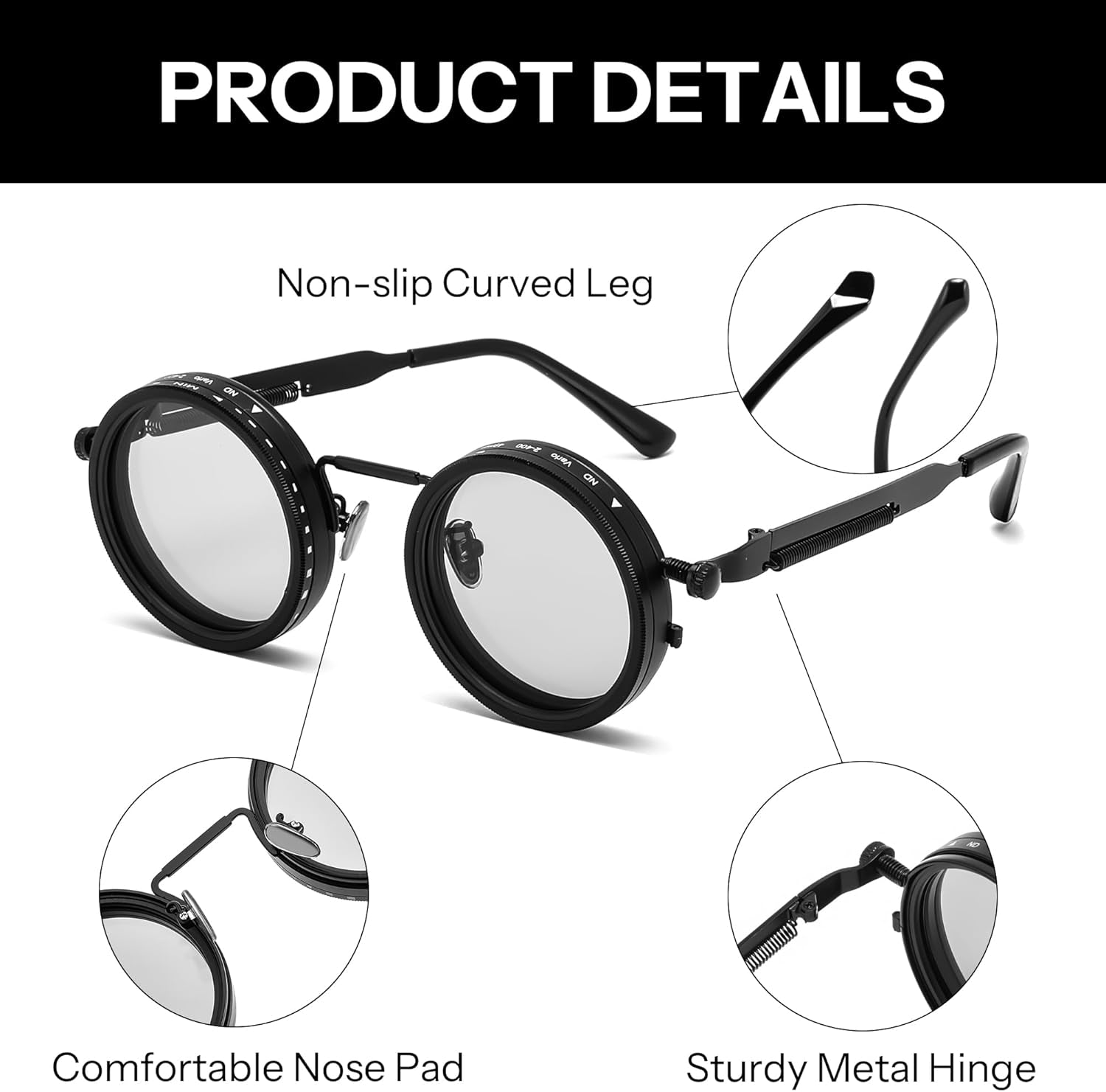 Adjustable Tint Sunglasses Polarized Men, 1-9 Gear Manual Dimming, Steampunk round Metal Frame UV400 ND Filter B1400