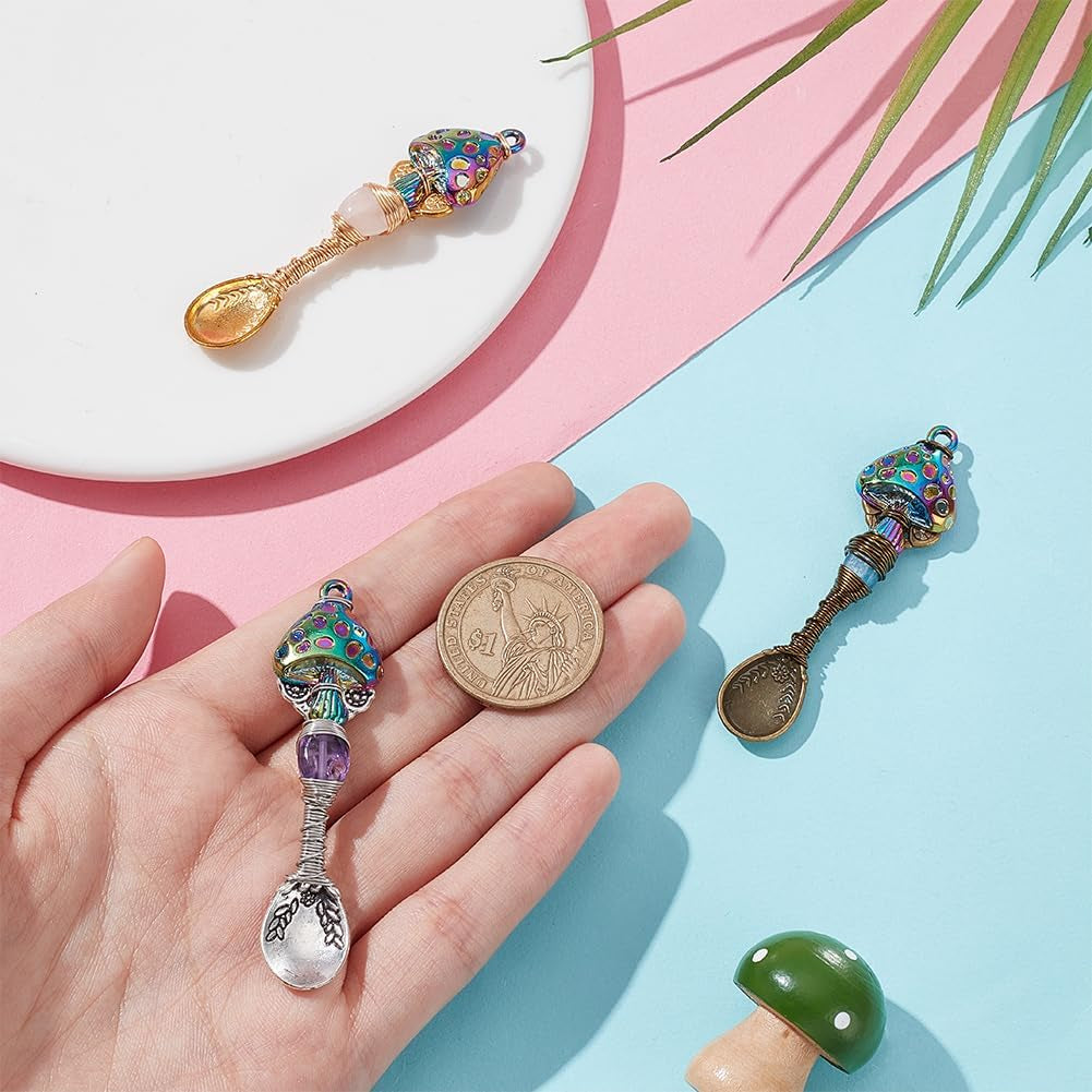 3 Pcs 3 Colors Natural Genstone Pendants, 2.6 Inch Long Mushroom Spoon Alloy Charms Wire Wrapped Necklace Spoons Charms for DIY Craft Jewelry Making Necklace Bracelet Key Chain
