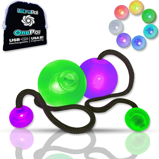 Orbpoi LED Poi Balls – USB Rechargeable Spinning Orb Flow W/ 30+ Color Modes – Glow Poi Balls W/Led Knob Handles & Soft Cases – LED Visual Poi for Rave Parties Festivals & Flow Arts